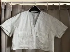 ZARA ストライプ クロップドシャツ 半袖 緑×白