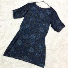 Oscope 花柄チュニック　【美品】　5分袖　薄手　春夏　ブラック　　（L）
