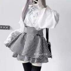 新品 白黒　千鳥柄 フレアミニスカート リボン ロリ M 美脚 GRL 秋