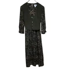 W-141【美品】Miss Donby リーフ柄 ドッキングワンピース