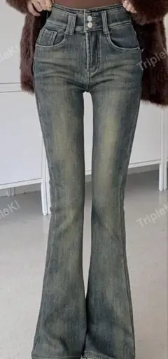 フレアデニムパンツ ダークブルー ハイウエスト