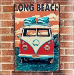 新品未使用　ブリキ看板　LONG BEACH　サーフボード　ワーゲンバス