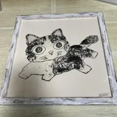 猫の版画 白フレーム