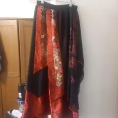 黒赤花柄ドラゴン刺繍ワイドパンツ