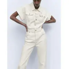【未使用】ZARA＊デニムサロペット　オールインワン　つなぎ　半袖　M 白