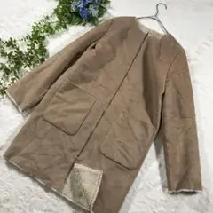 【BEAMS HEART】ノーカラーロングコート♡フェイク ムートンコート