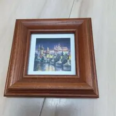 木製フレームの風景画 プラハ 約10cm x 10cm