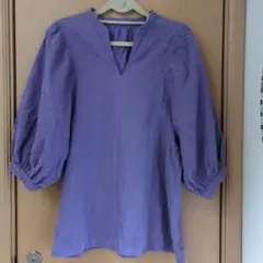 グリーンレーベルリラクシング　 パープル刺繍入りVネックチュニック