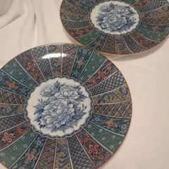花柄の青緑色陶磁器皿 30cm 大皿 飾り皿