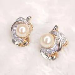 【極美品・テリ◎】アコヤ パール イヤリング ゴールド金具 ジルコニア 両耳