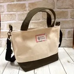 ショルダー付きトートバッグ　生成り×カーキ×ヨガ猫