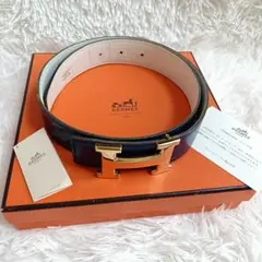 極美品✨️ HERMES エルメス ベルト 金 H バックル 紺色 白色