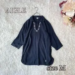 ●AIGLE 刺繍スキッパーチュニックシャツ（M）ロールアップ