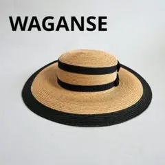 077★ WAGANSE つば広帽子 ハット 麦わら帽子 ナチュラル×黒リボン