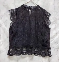 黒いレースノースリーブトップス・フリルレースブラウスシャツ