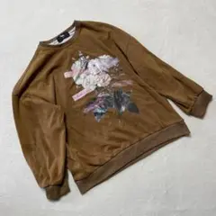 FVLMEN スウェットシャツ 花柄プリント クルーネック ブラウン 長袖 L