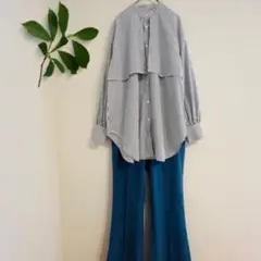 ラッフルカラーストライプ長袖バンドカラーシャツシャツ（フリーサイズ）白×黒