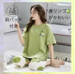 ノーブラOK Mサイズ ルームウェア 青リンゴ柄 半袖＋ショートパンツ