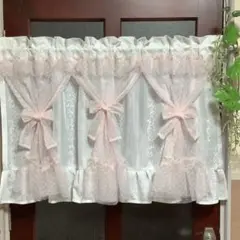 リボンカフェカーテン♡薄ピンクチュールレース