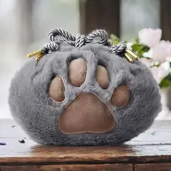 新品未使用 猫 ねこ ネコ 肉球 巾着 ファー ポーチ コスメ グレー 韓国