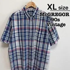 USA古着　90s　McGREGOR　半袖シャツ　XL　ネイビー　紺　チェック柄