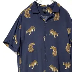 H&M ヒョウ柄 アロハシャツシャツM レーヨン 豹柄 ネイビー
