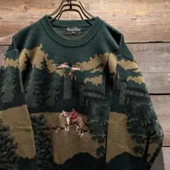 90s　ビンテージ　人物刺繍　ニット　ロデオ　馬に乗った人　レトロ　カーキ　L