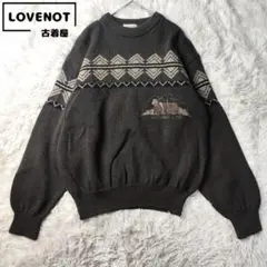 【デザインニット　刺繍　ヴィンテージ　日本製　ブラウン　ウール　M位　古着】