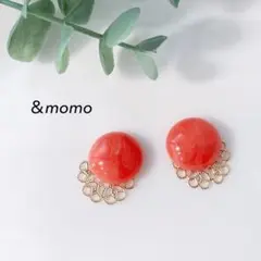 30-O オレンジマーブル×レース ハンドメイド ピアス イヤリング シンプル
