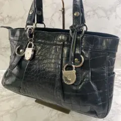 FURLA フルラ 本革 クロコダイル型押しレザー ハンドバッグ 黒