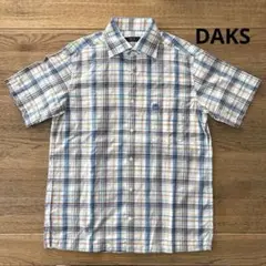 ❗️sale❗️【DAKS】 ブルー系 チェック リネン混 半袖シャツ Ｍ