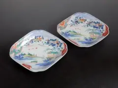 古伊万里 色絵 花鳥に山水の図 菱形変形皿 2客 C950AS-BEn