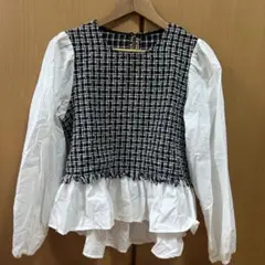 フリル付きチェック柄ツイードブラウス Mサイズ