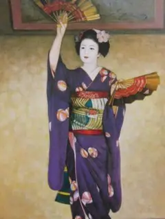 弦田英太郎　女性の肖像画 油彩 金属製フレーム 弦田英太郎 「お花をつけに」 油彩 P20号 真作保証 「舞妓と