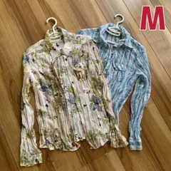 シワ加工 花柄シャツ 蝶柄シャツ シースルー シフォンシャツ