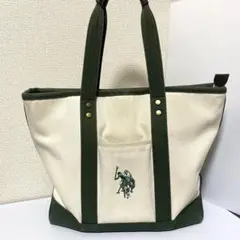 ☆poloアッスン☆トートバッグデカロゴブ緑バイカラー　大容量　A4 肩掛け