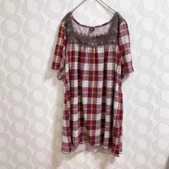 PQ♡チュニックブラウス チェック スクエアネック L