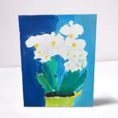 手描きアートキャンバス 白い花とブルーの背景
