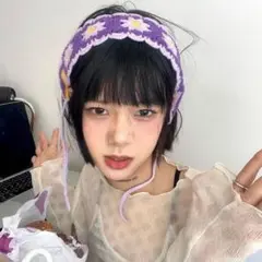 かぎ針編み バブーシュカ パープル 韓国 ヘアバンド クロシェ 花柄