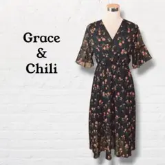 カシュクール花柄ロングワンピース 総柄【M】ブラック