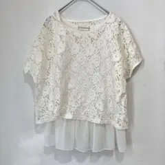 スタイルオペレーション レース×シフォン重ね着風トップス 白（L）花柄 ゆったり