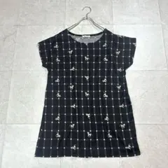 フレンチスリーブ Tシャツ 猫 格子柄 モノトーン Lサイズ