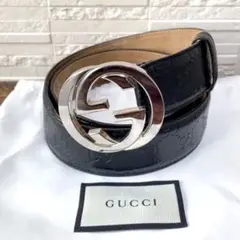 グッチ GG柄 シマ レザー ベルト ゴールド金具 インターロッキング ブラック