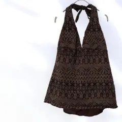 海外古着 ブラウン刺繍ホルターネックタンクトップ ブラウントップス