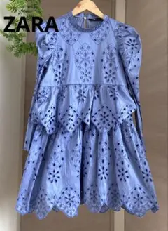 【ZARA】ザラ　パフショルダーワンピース　ブルー　レース　刺繍　M