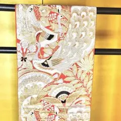 映える華やか孔雀柄袋帯 正絹朱色 金銀刺繍晴れの日着物衣装オレンジ赤白可愛い鳥柄