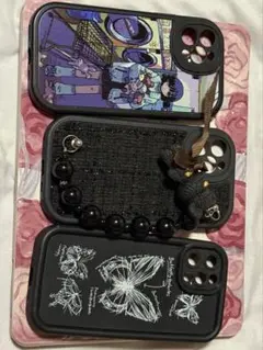 アニメ風3点セットiPhone12proケース黒白蝶々熊キラキラ可愛い華麗