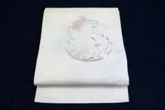 未使用品 名古屋帯 オフホワイト 刺繍 花丸紋 銀通し 長さ3m68cm 正絹