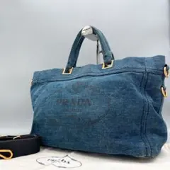 ✨極美品✨PRADA 2way カナパ デニム ハンドバッグ ブルー