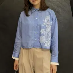 完売品 ZARA ザラ ストライプ入り刺繍クロップドシャツ